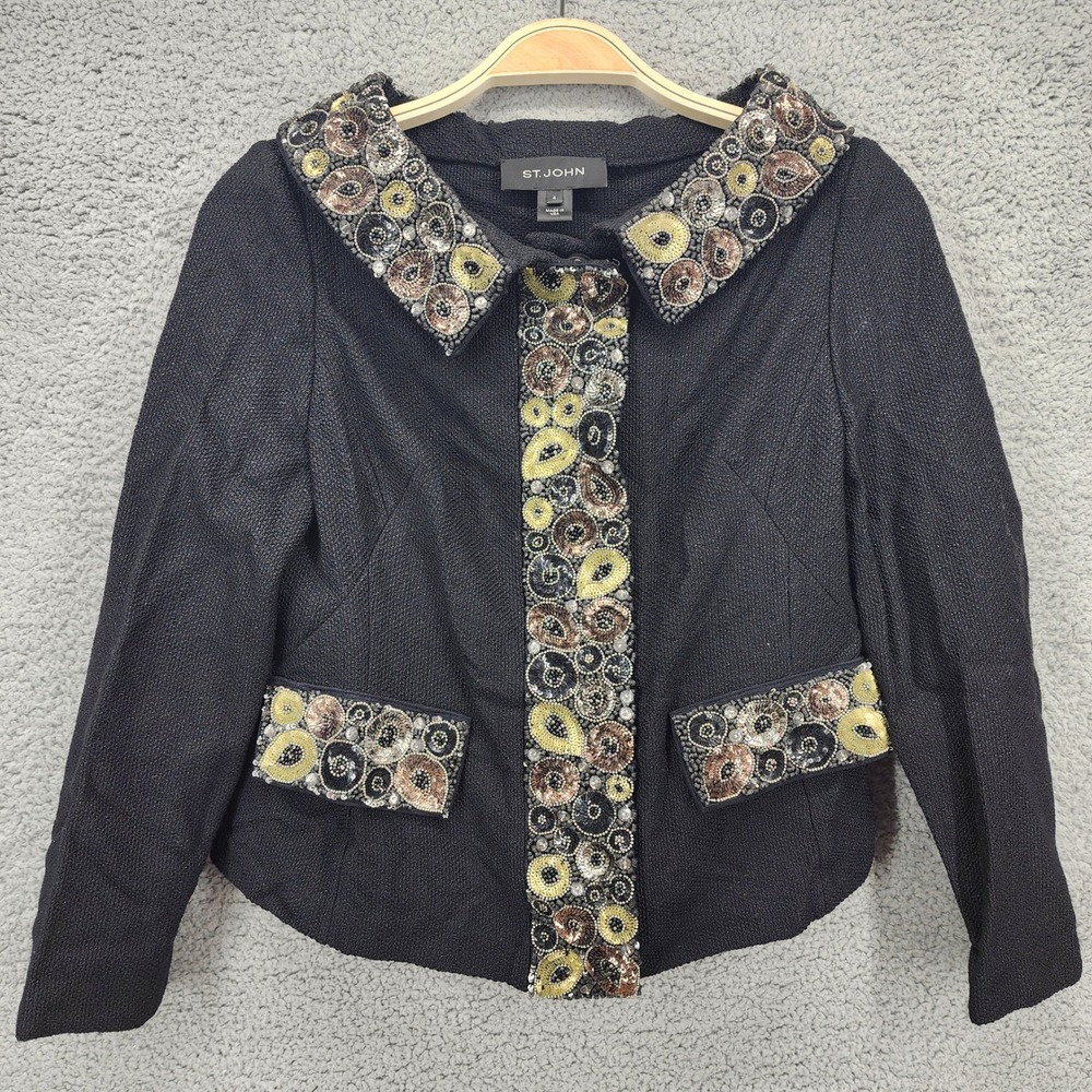 St. John Women's Size 4 Embellished Knit Evening Jacket Sequin Beaded Trim Black